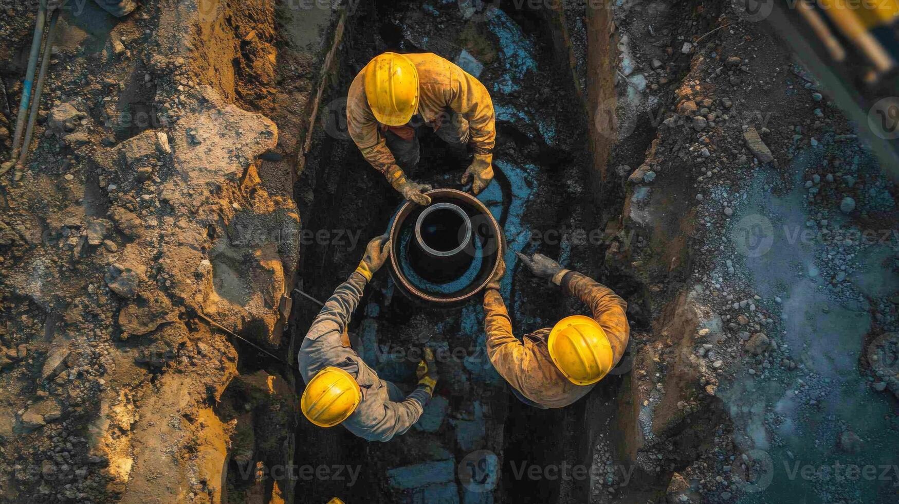 Three Construction Workers Lowering a Large Pipe Into a Trench photo