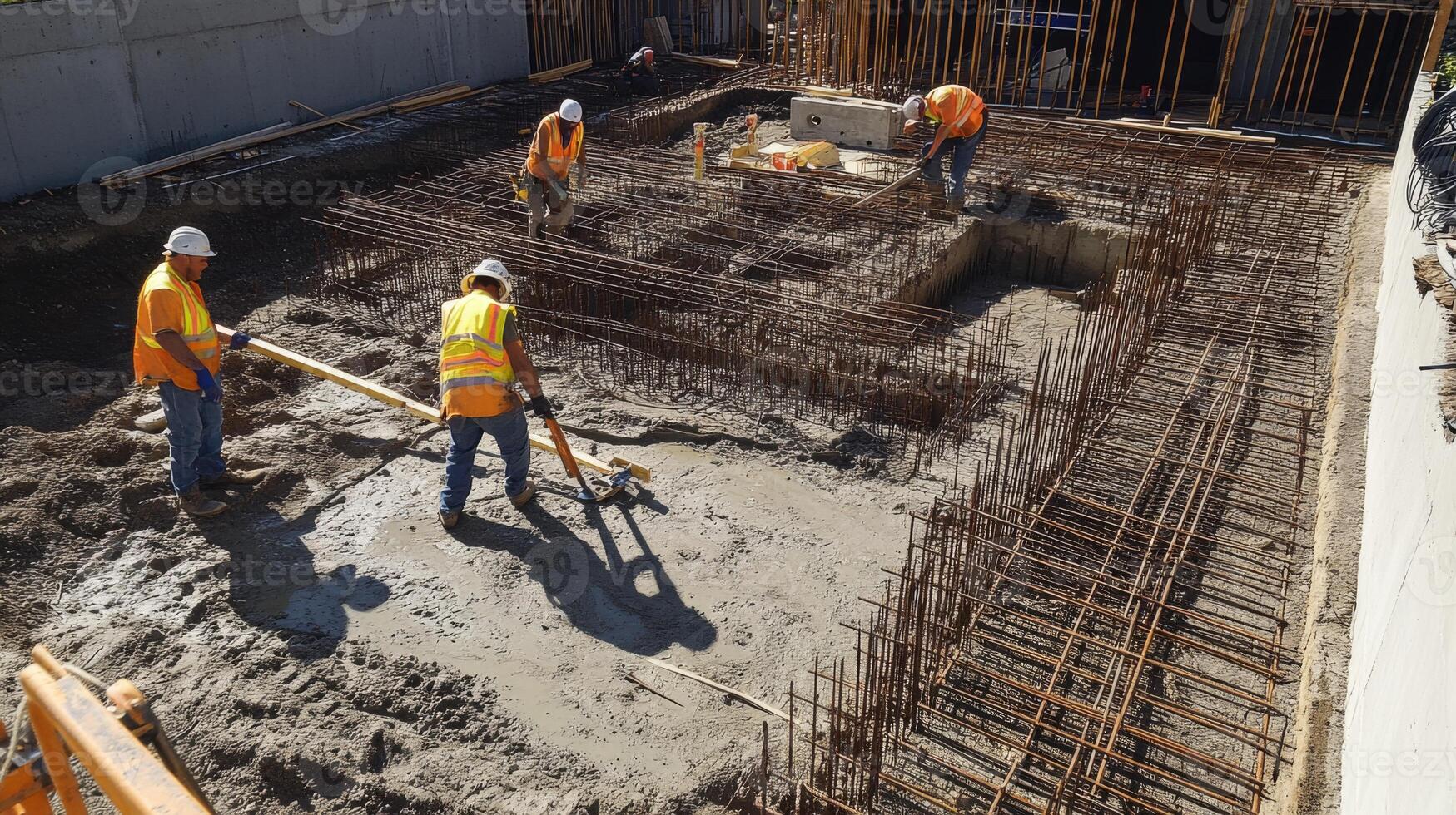 Construction Workers Pouring Concrete on a Foundation with Rebar photo