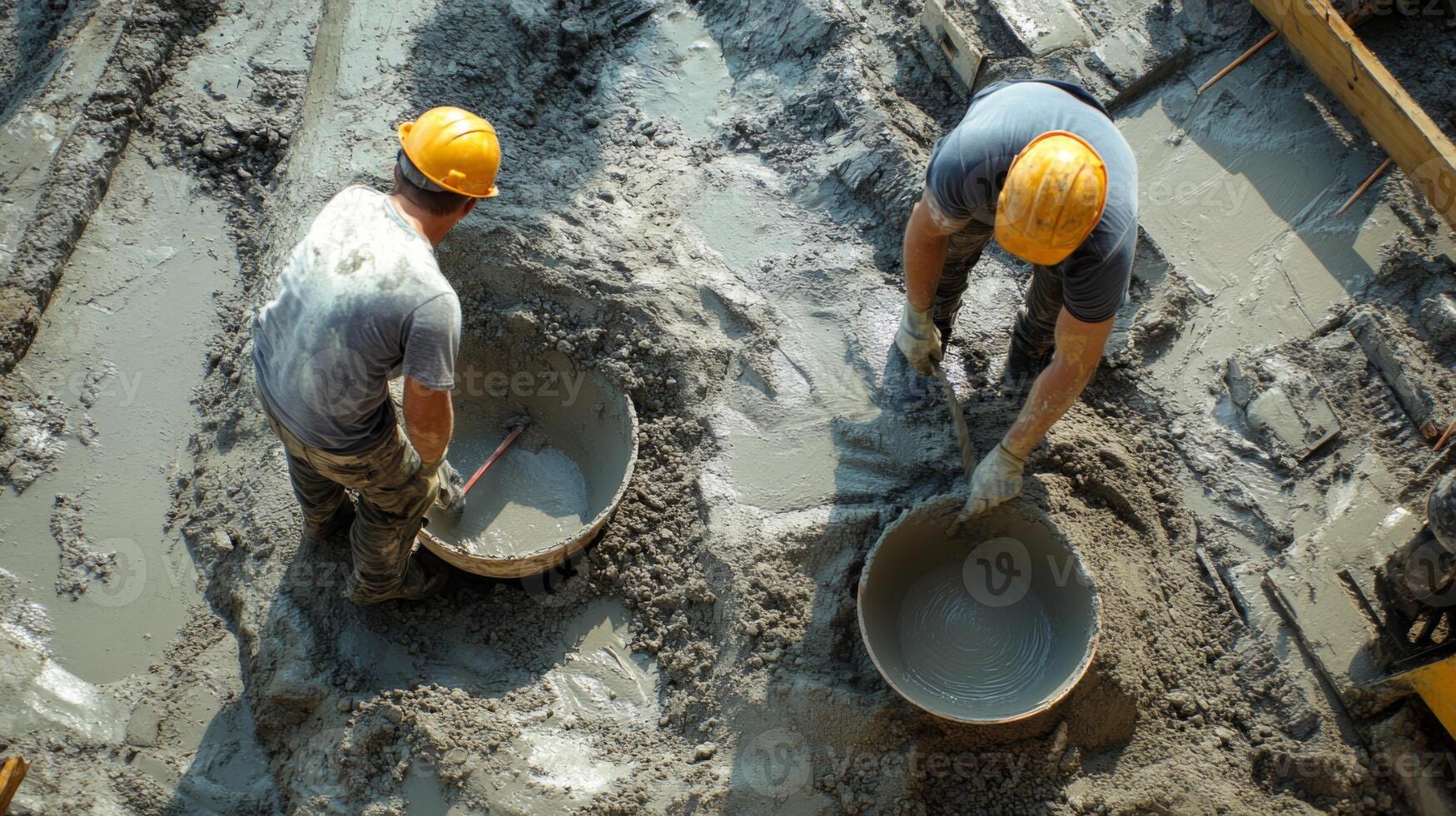 Two Construction Workers Mixing Cement in Buckets photo