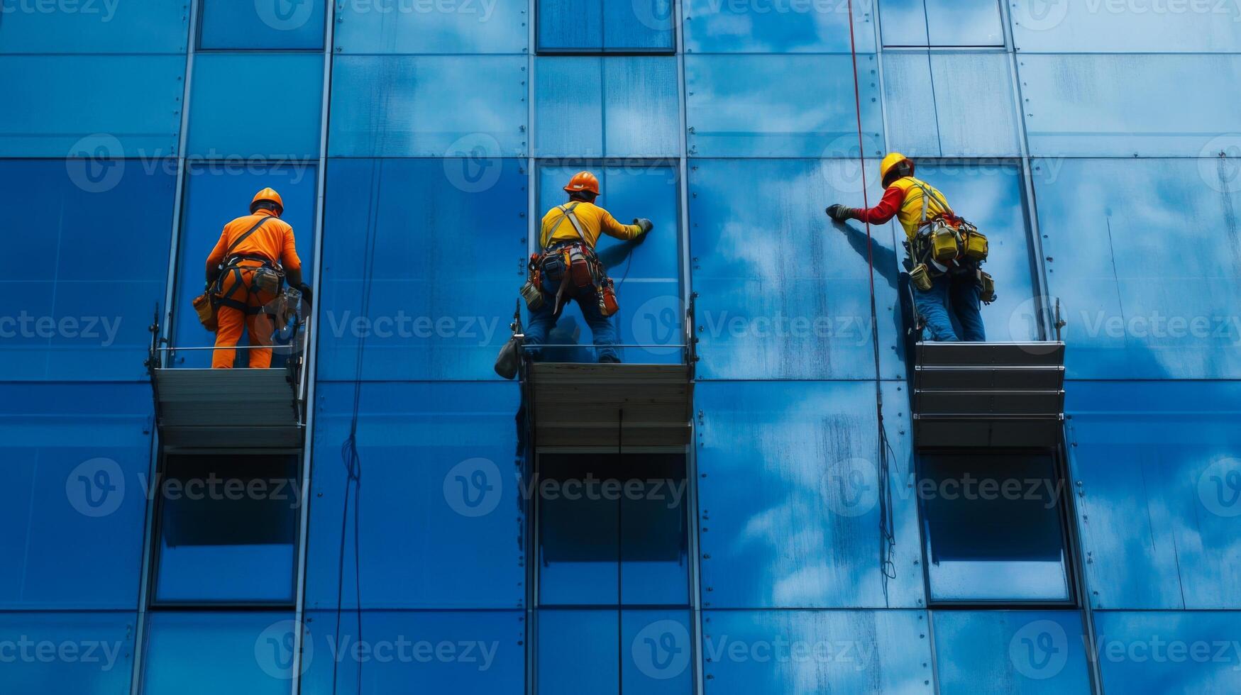 Three Window Washers Hanging From Scaffolding On A Modern Building photo
