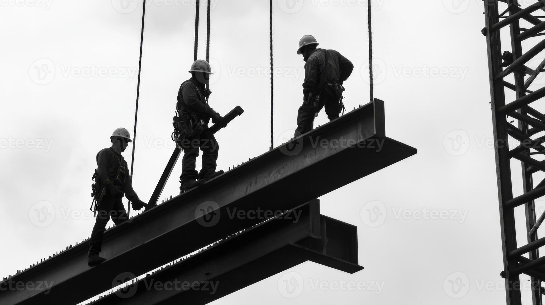 Construction Workers Installing Steel Beams on a Building photo