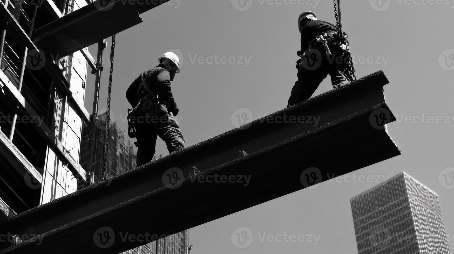 Construction Workers on Steel Beam Against City Skyline photo
