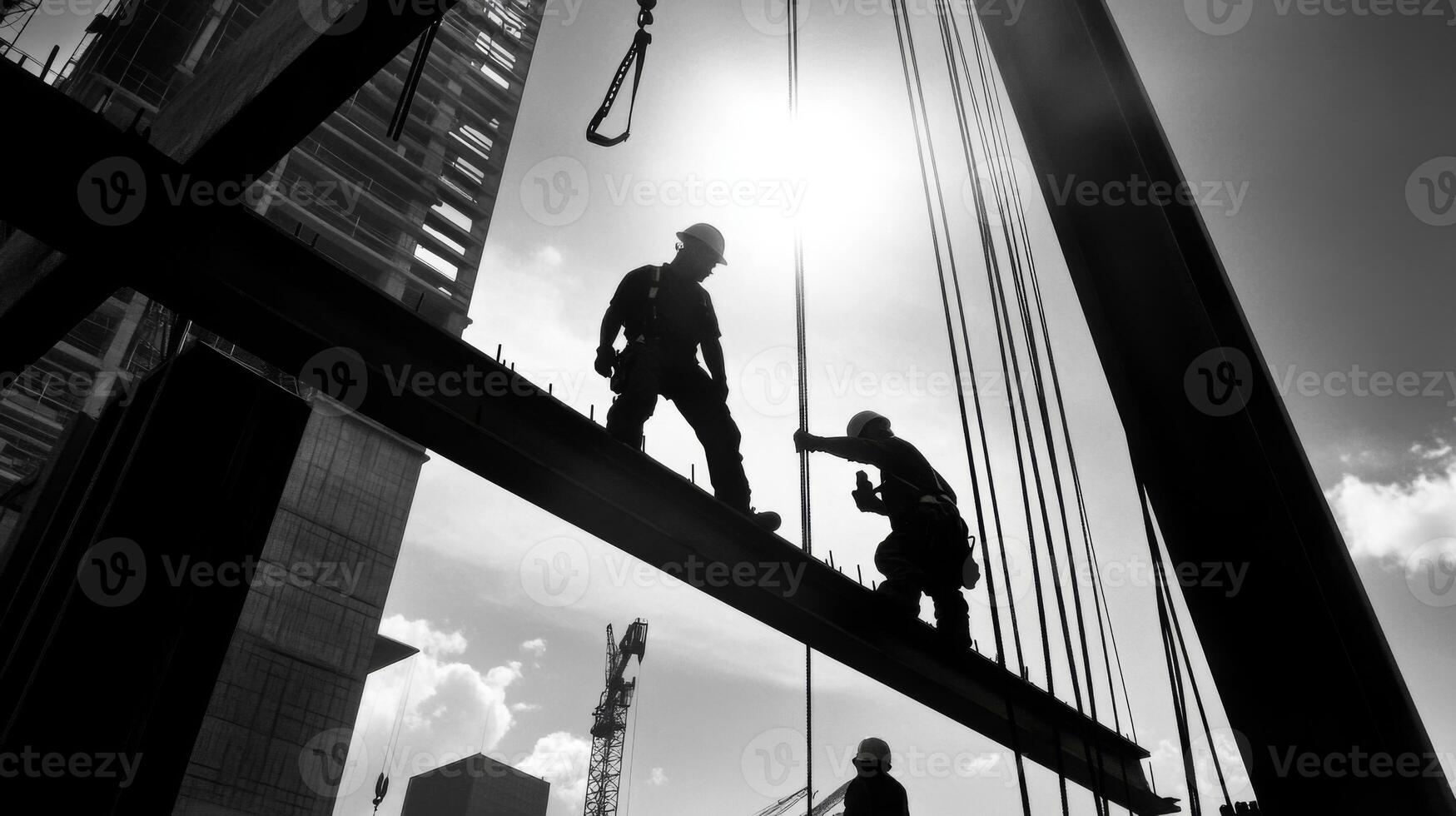 Construction Workers Silhouetted on a Steel Beam During Construction photo