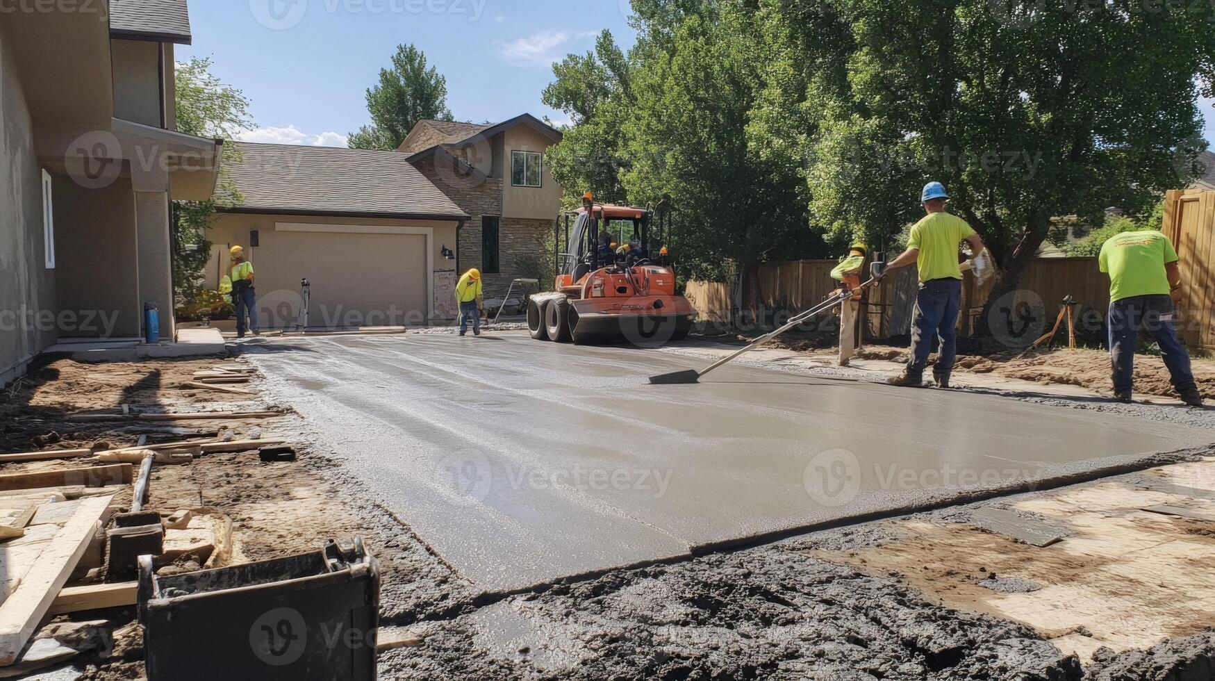 Construction Workers Pouring and Leveling Concrete for a Driveway photo