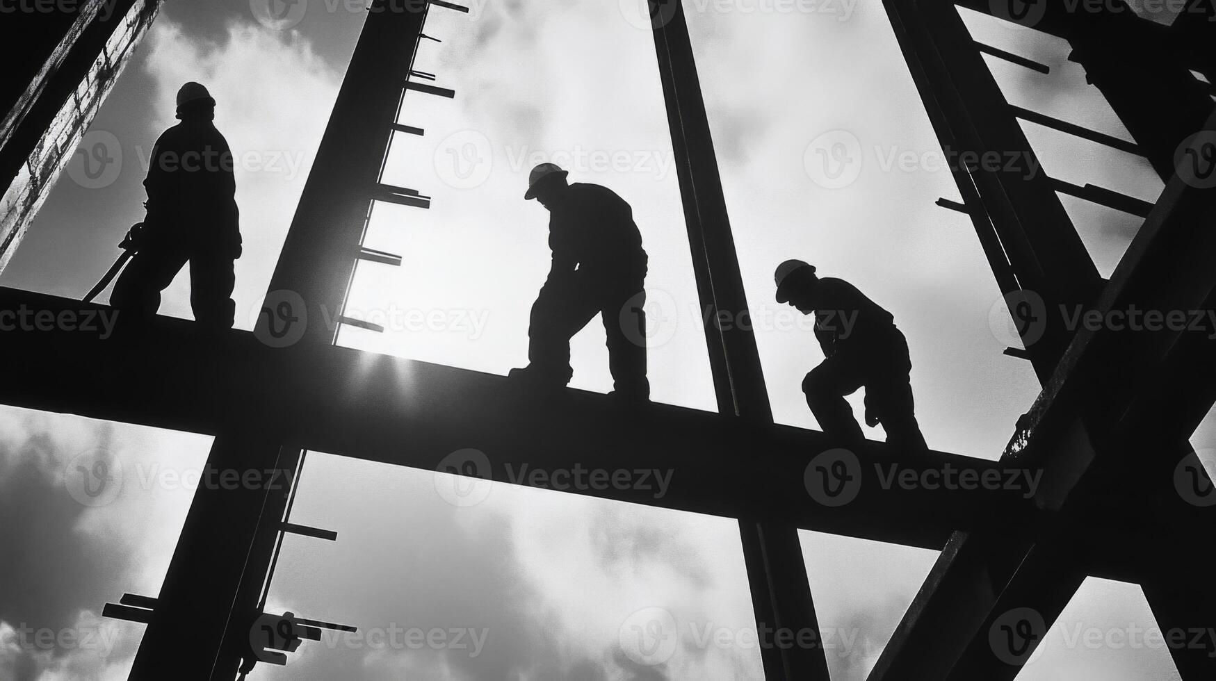 Silhouettes of Construction Workers on a Steel Beam photo