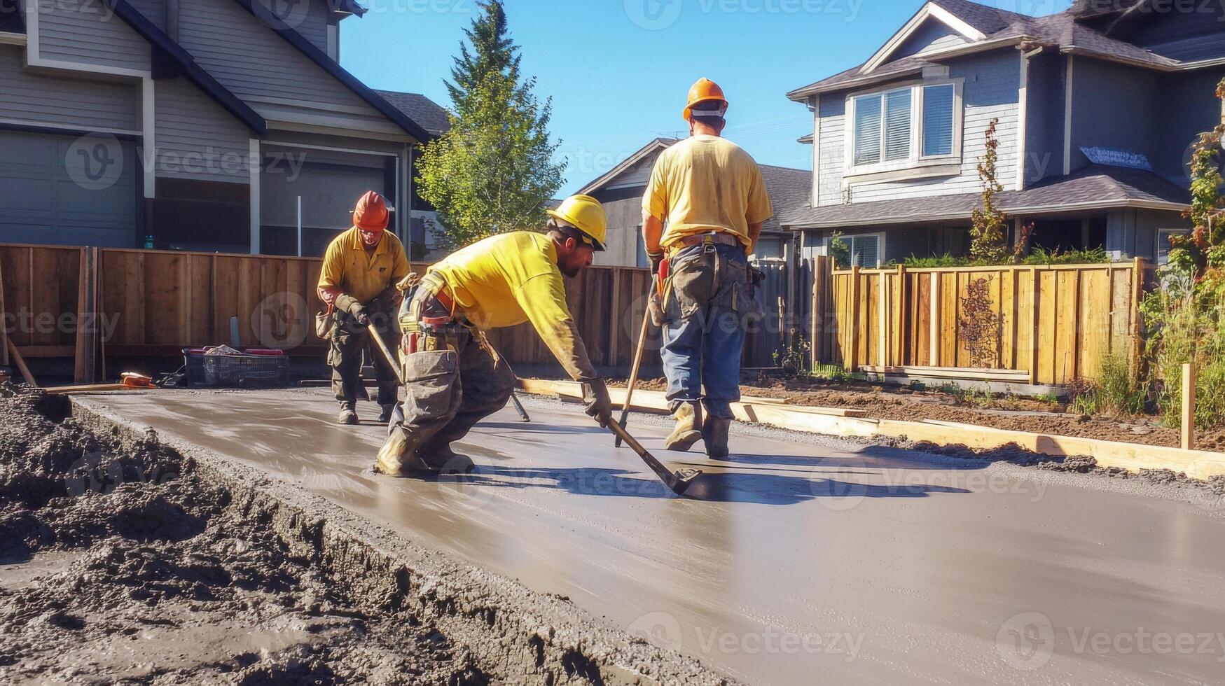 Construction Workers Leveling Wet Concrete With Tools in Front of Houses photo
