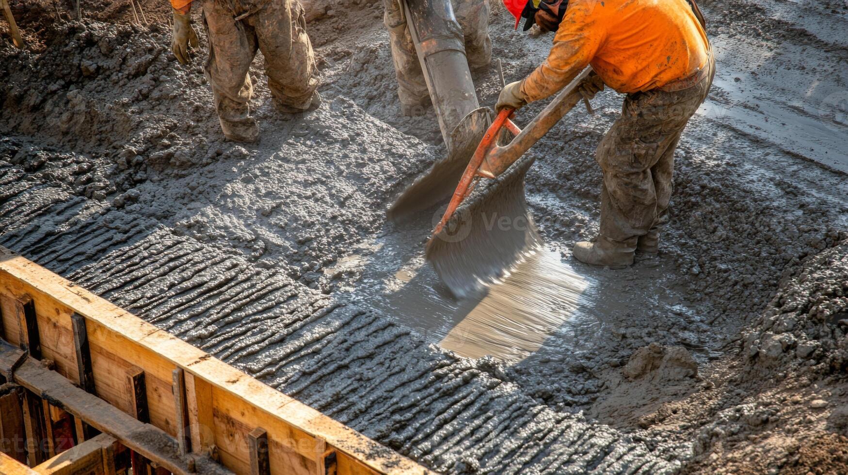 Construction Workers Pouring Concrete Into Wooden Forms photo