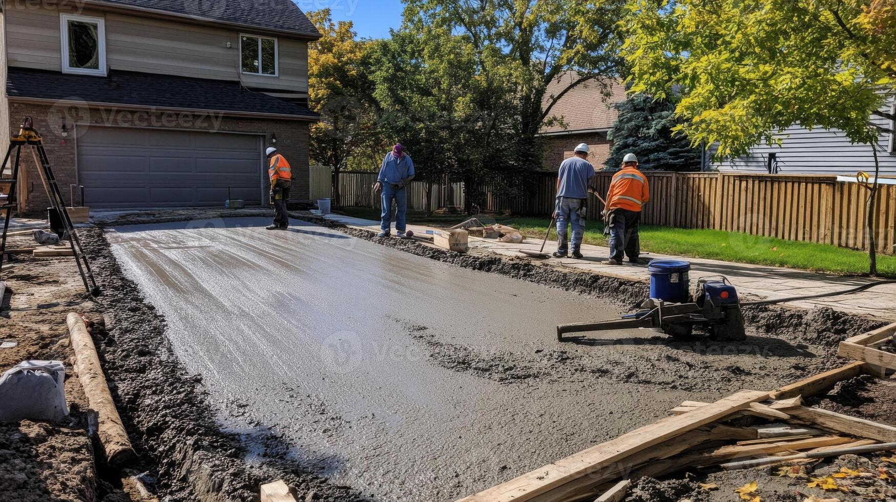 Construction Workers Pouring Concrete for a New Driveway photo