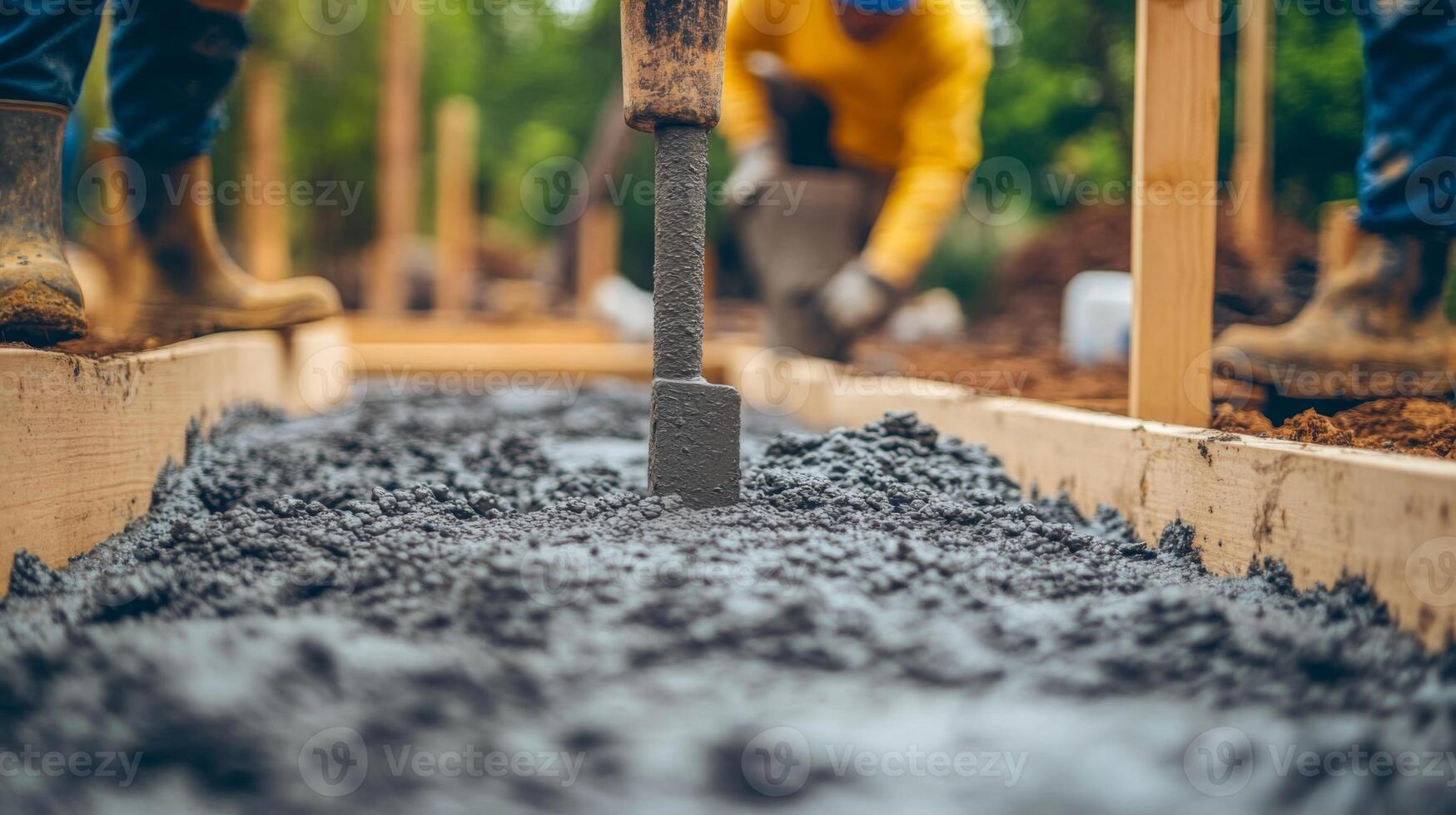 Close-up of Wet Concrete with Wooden Formwork and a Tool photo