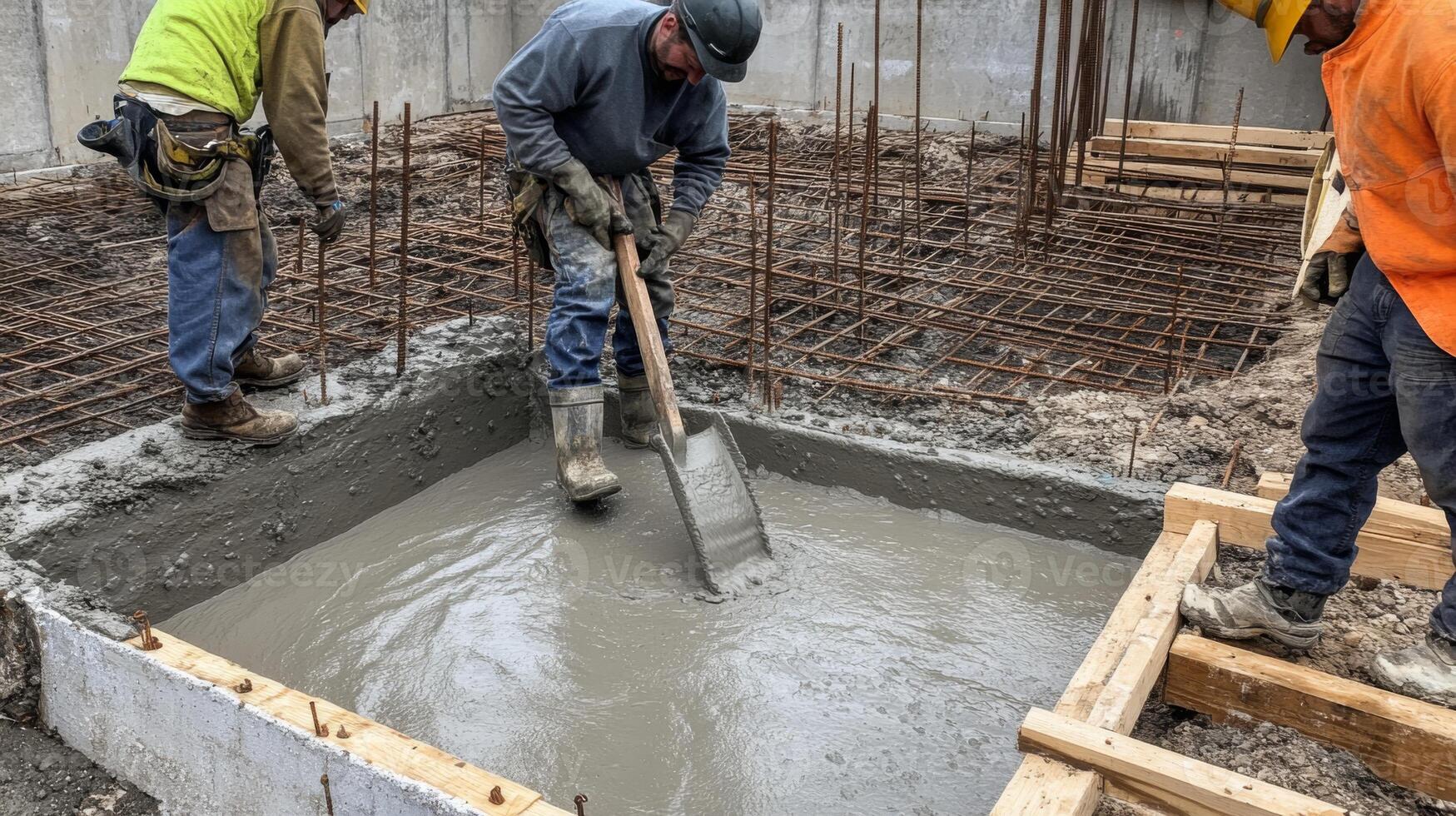 Construction Worker Spreading Wet Concrete With a Trowel photo