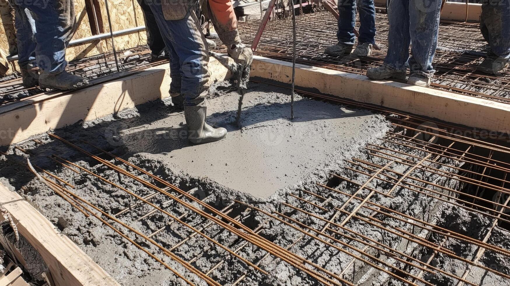 Construction Worker Pouring Concrete Onto Rebar photo