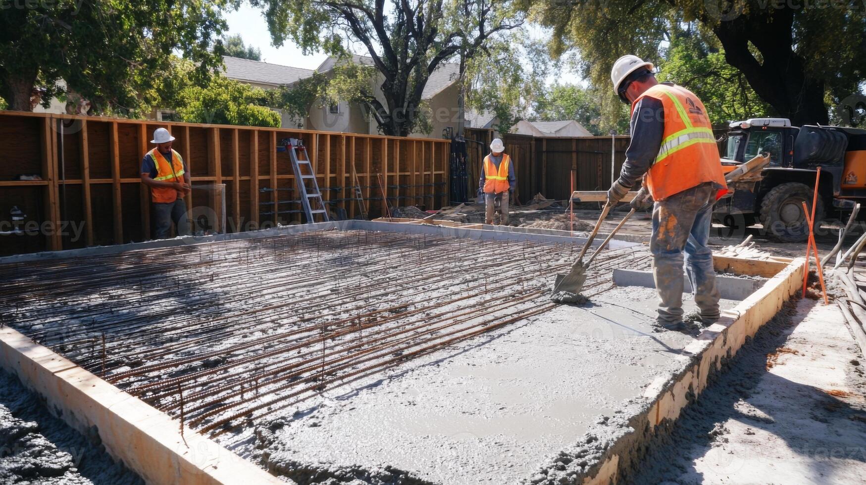 Construction Workers Pouring Concrete for a New Foundation photo