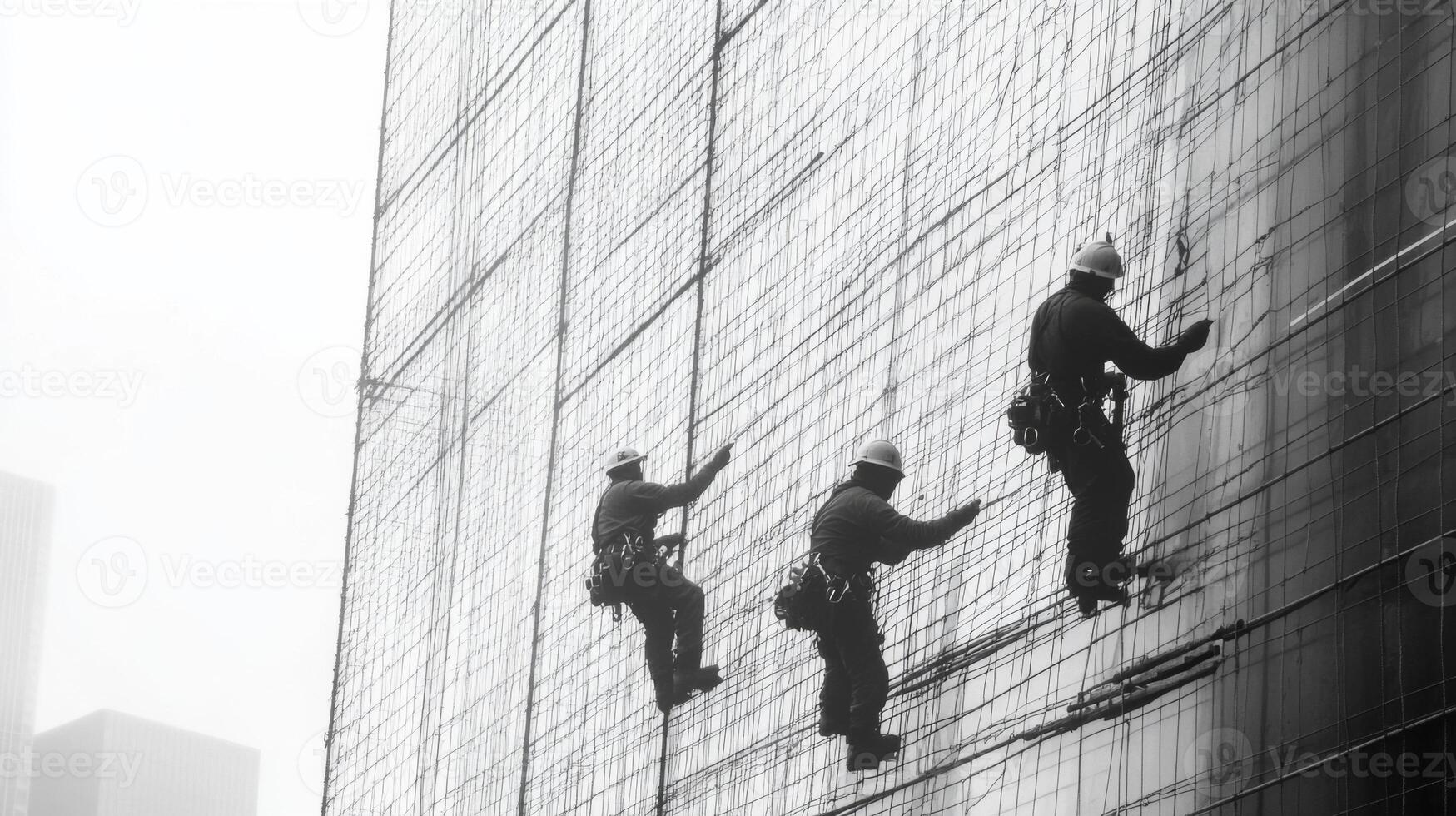 Two Construction Workers on a Scaffolding-Covered Building photo