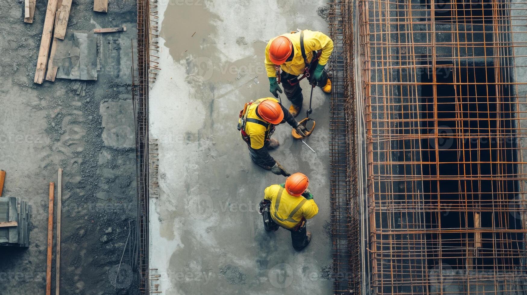 Construction Workers on a Concrete Foundation with Reinforcing Mesh photo