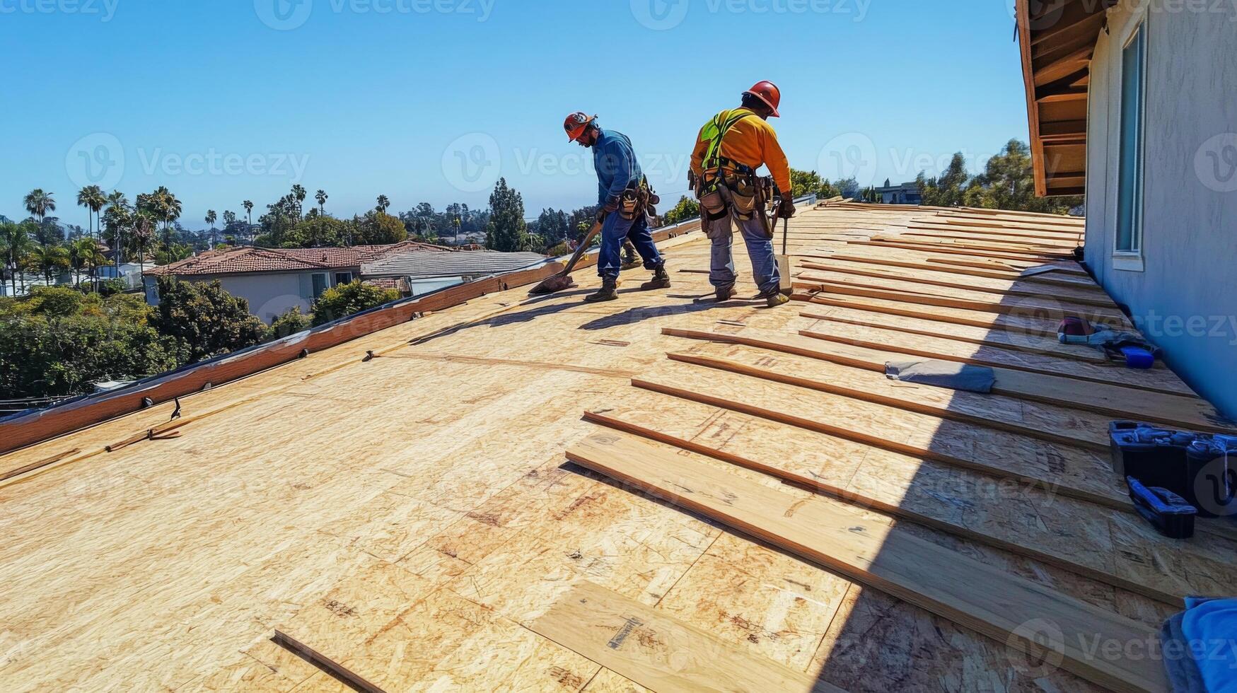 Two Construction Workers Laying Plywood on a Roof photo