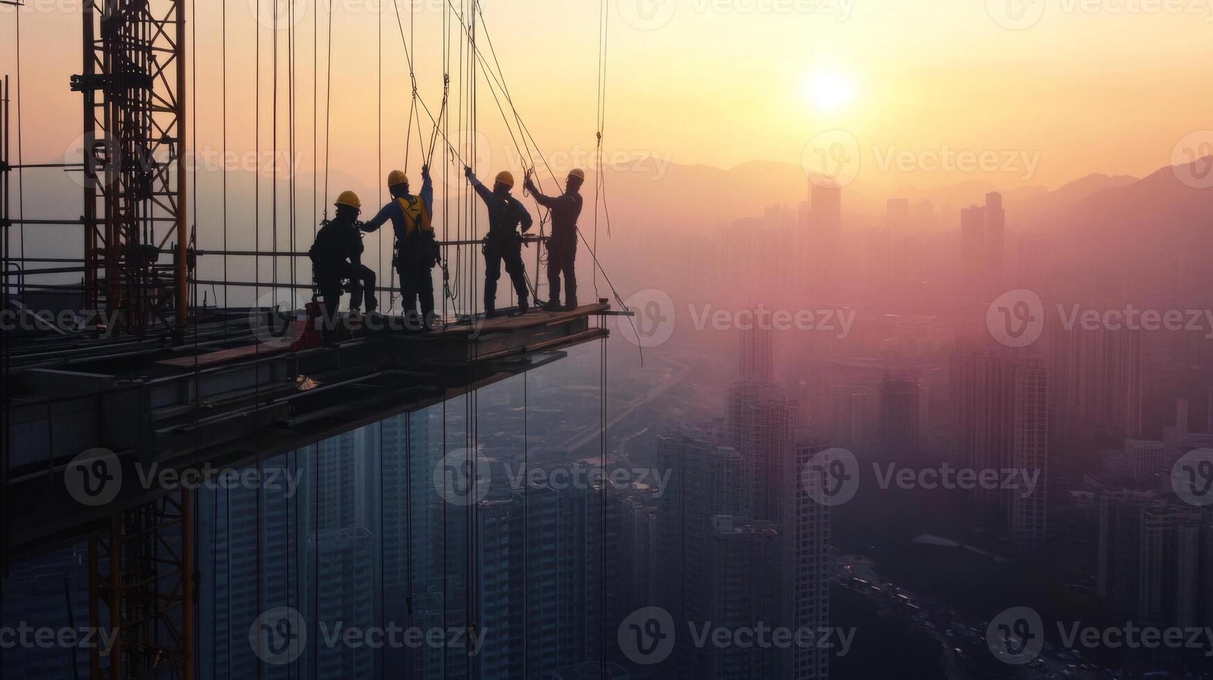Construction Workers on a High-Rise Building Platform at Sunset photo