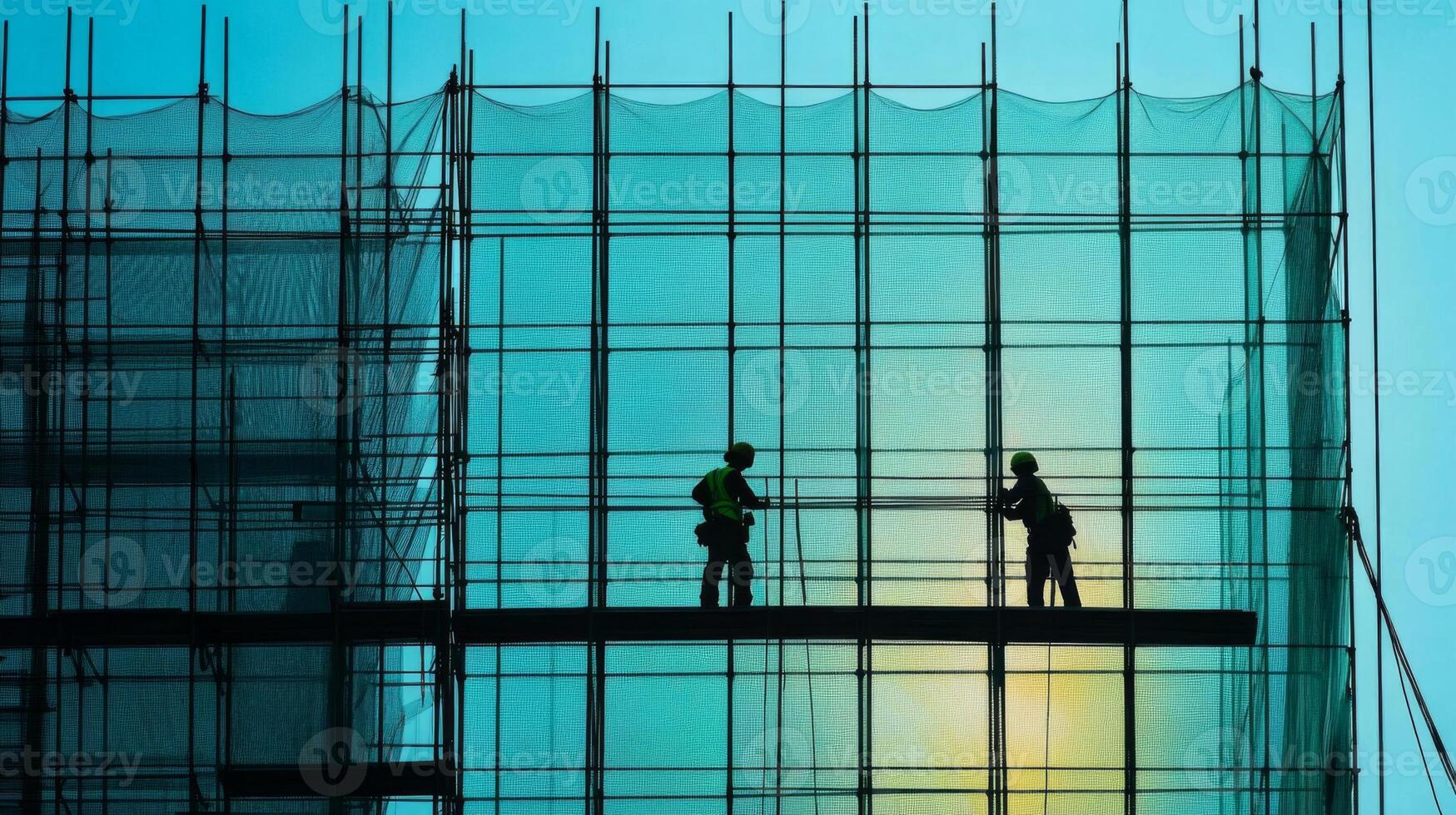 Two Silhouetted Construction Workers on Scaffolding with Green Netting photo