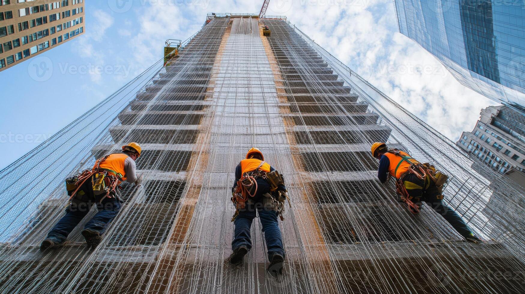 Construction Workers Ascending a Tall Building with Safety Netting photo