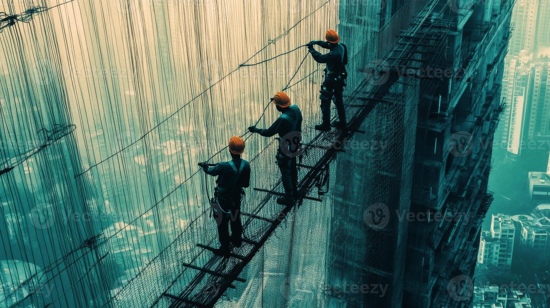 Construction Workers on a Scaffolding Platform on a Tall Building photo