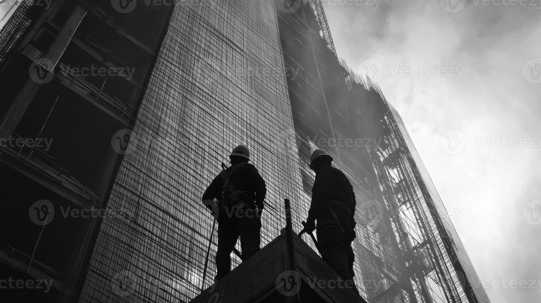 Two Construction Workers on Scaffolding Against a Tall Building photo