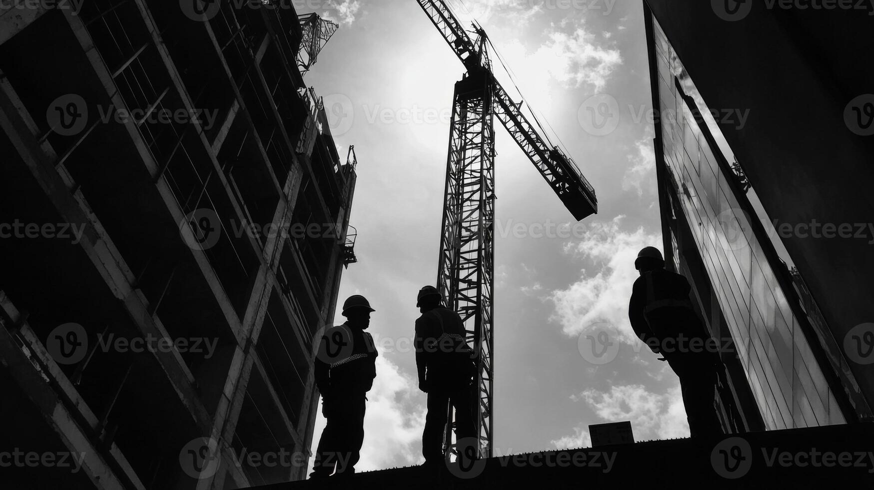 Construction Workers Silhouetted Against a Tower Crane and Cloudy Sky photo