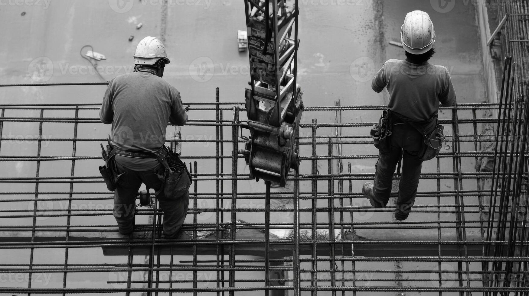 Two Construction Workers Standing on Rebar Grid photo