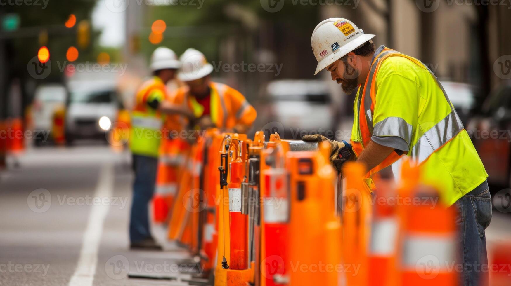 Construction Workers Setting Up Traffic Cones in a City Street photo