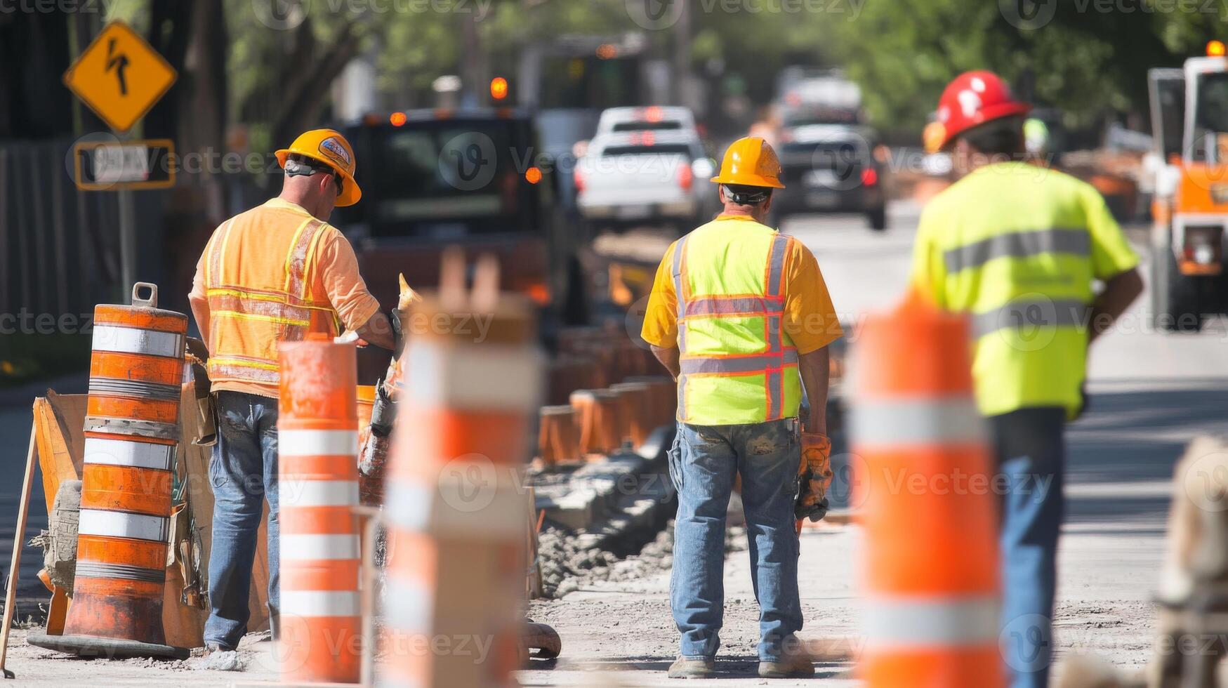 Construction Workers in Safety Gear on a Roadway photo
