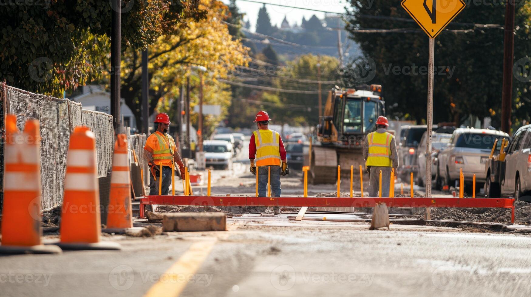 Construction Workers on a Road Project with Traffic Behind Them photo