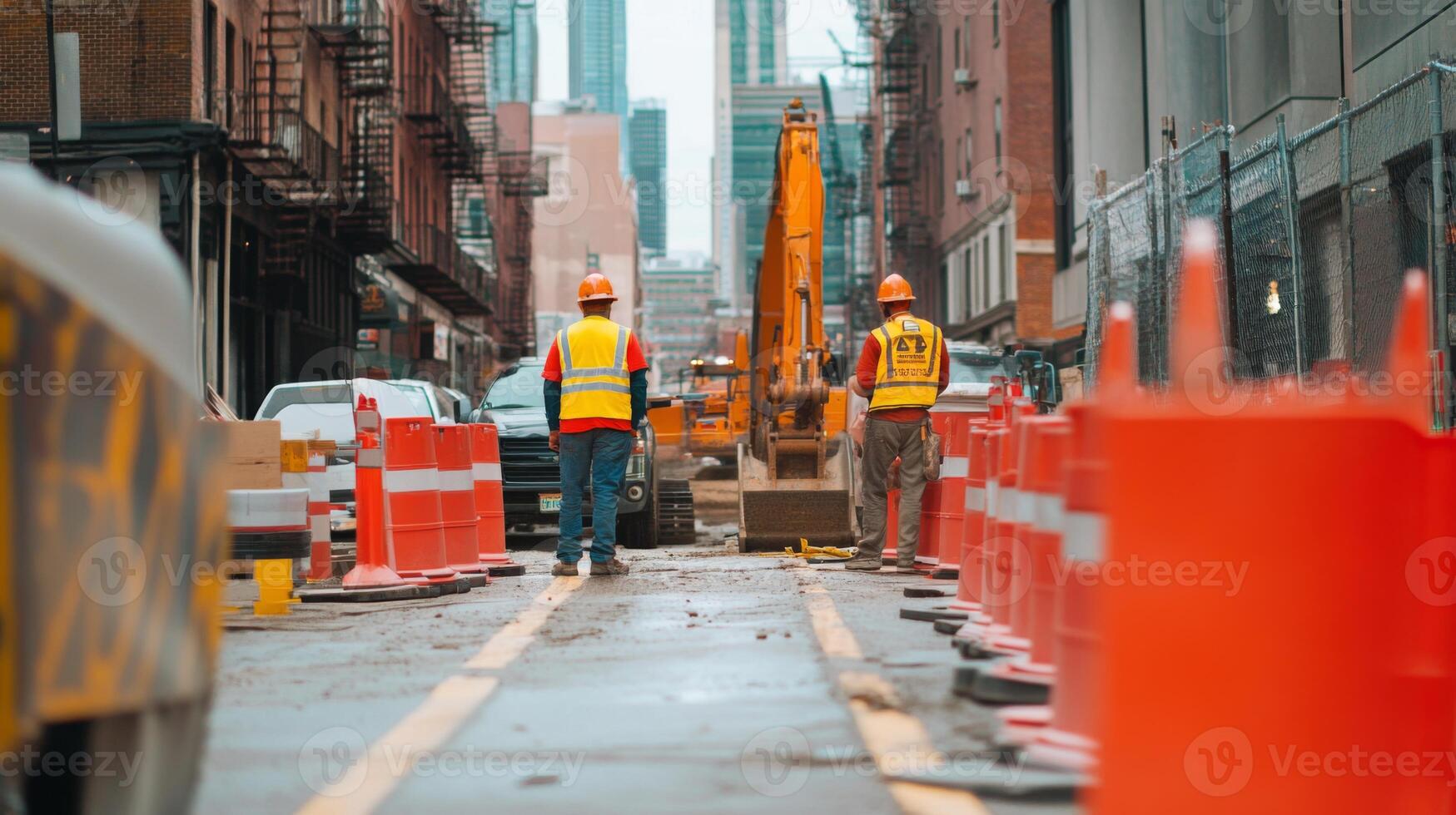 Construction Workers and Excavator in City Street photo