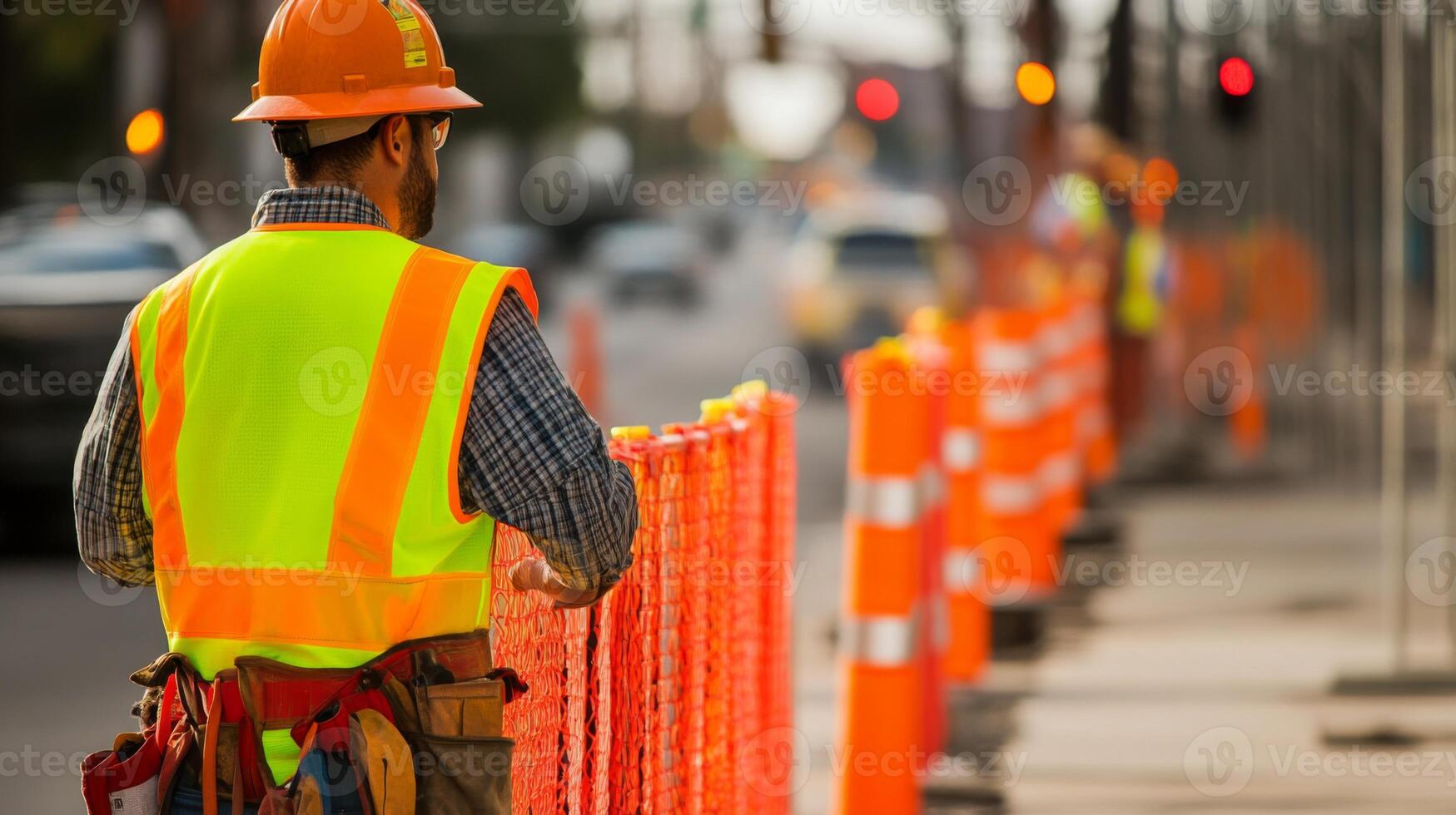 Construction Worker in Safety Gear by Orange Fence photo