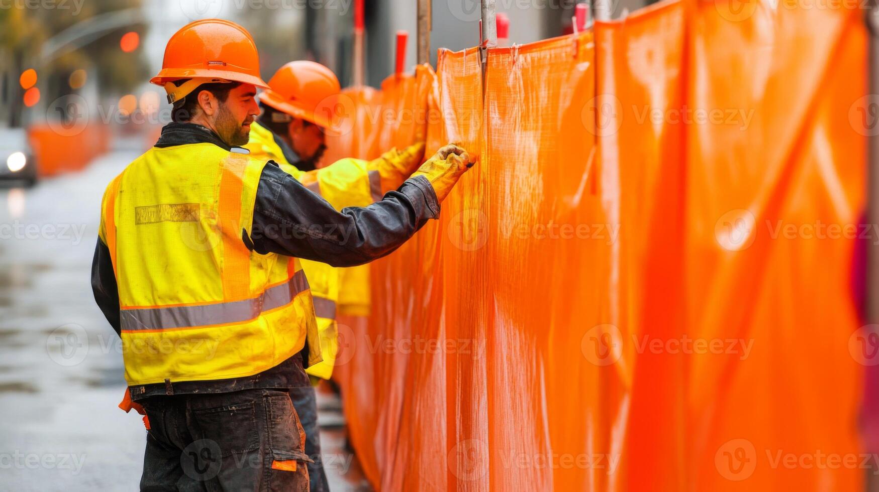 Construction Worker Adjusting Orange Safety Fence photo