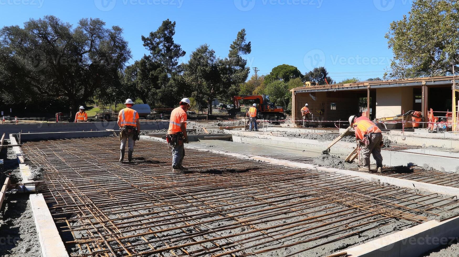 Construction Workers Pouring Concrete on a Foundation with Rebar photo