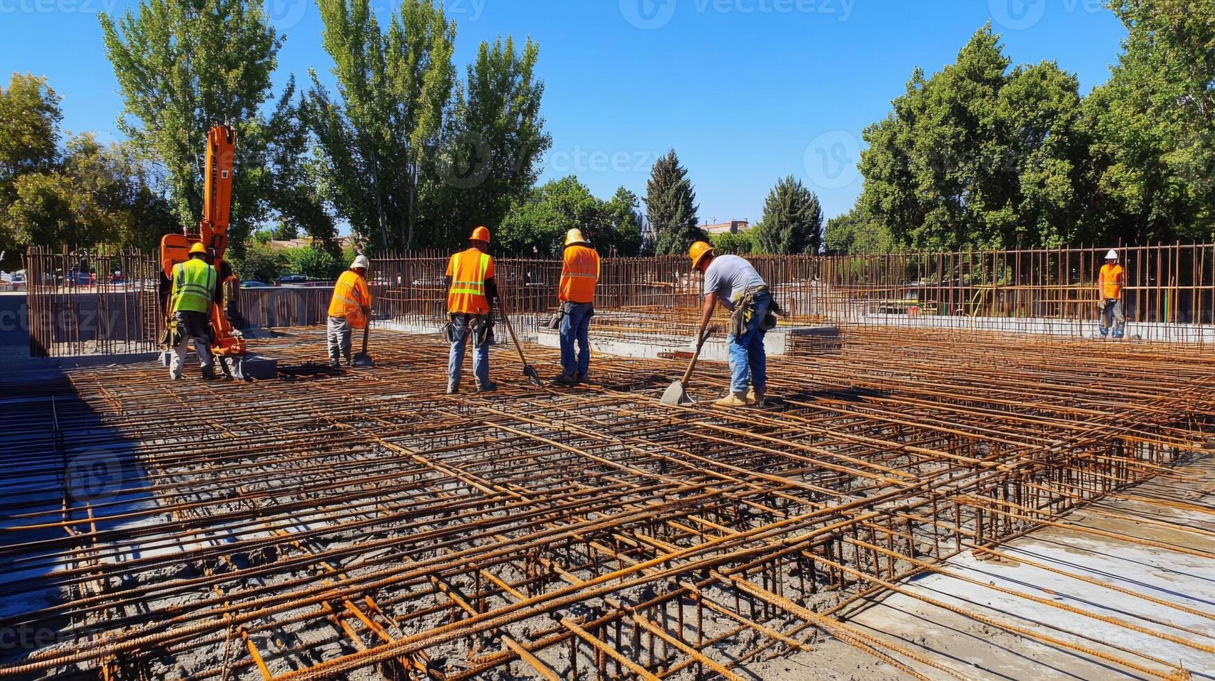 Construction Workers Pouring Concrete on a Rebar Grid photo