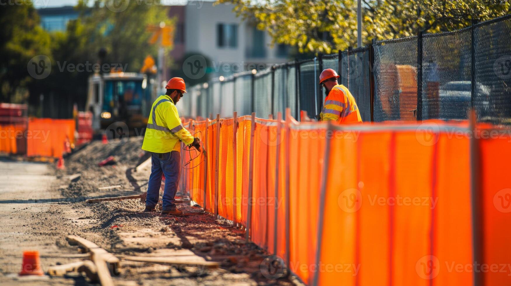 Construction Workers Setting Up Orange Safety Fence photo