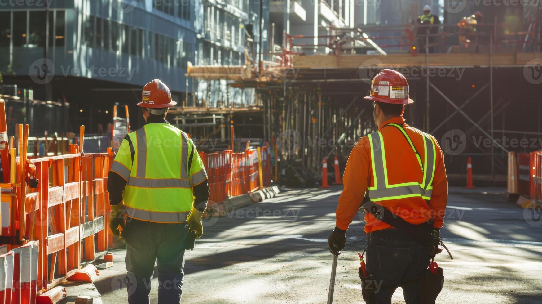 Construction Workers in Hard Hats and Safety Vests Walk on a Construction Site photo