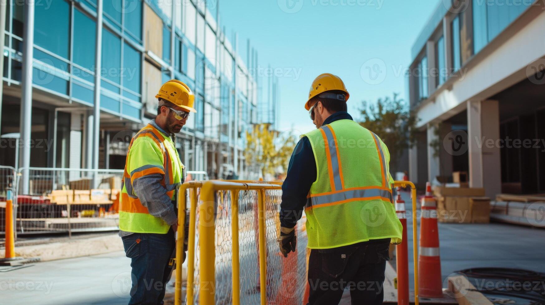 Two Construction Workers in Yellow Hard Hats and Safety Vests photo