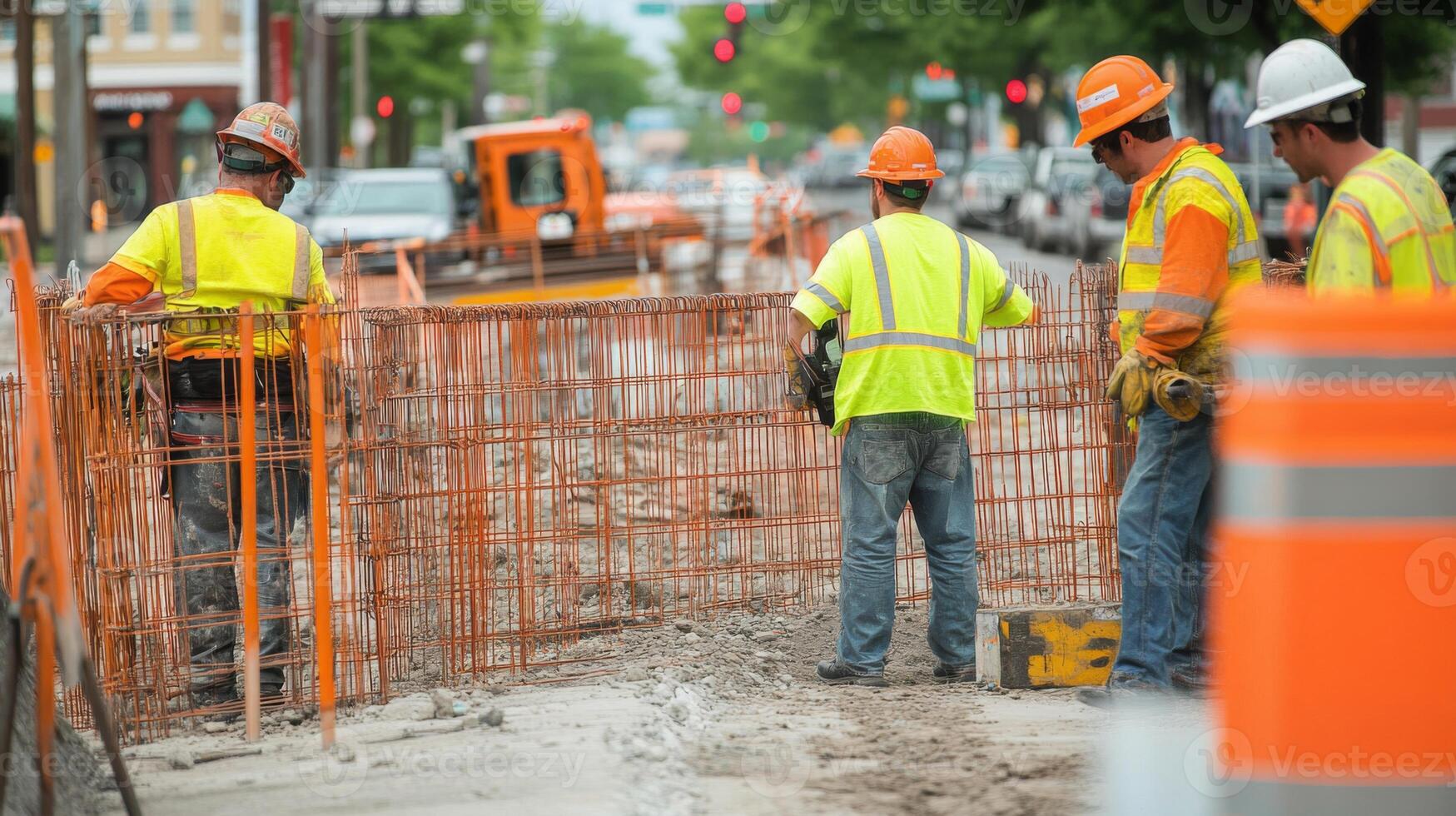 Construction Workers Standing Behind a Rebar Fence photo