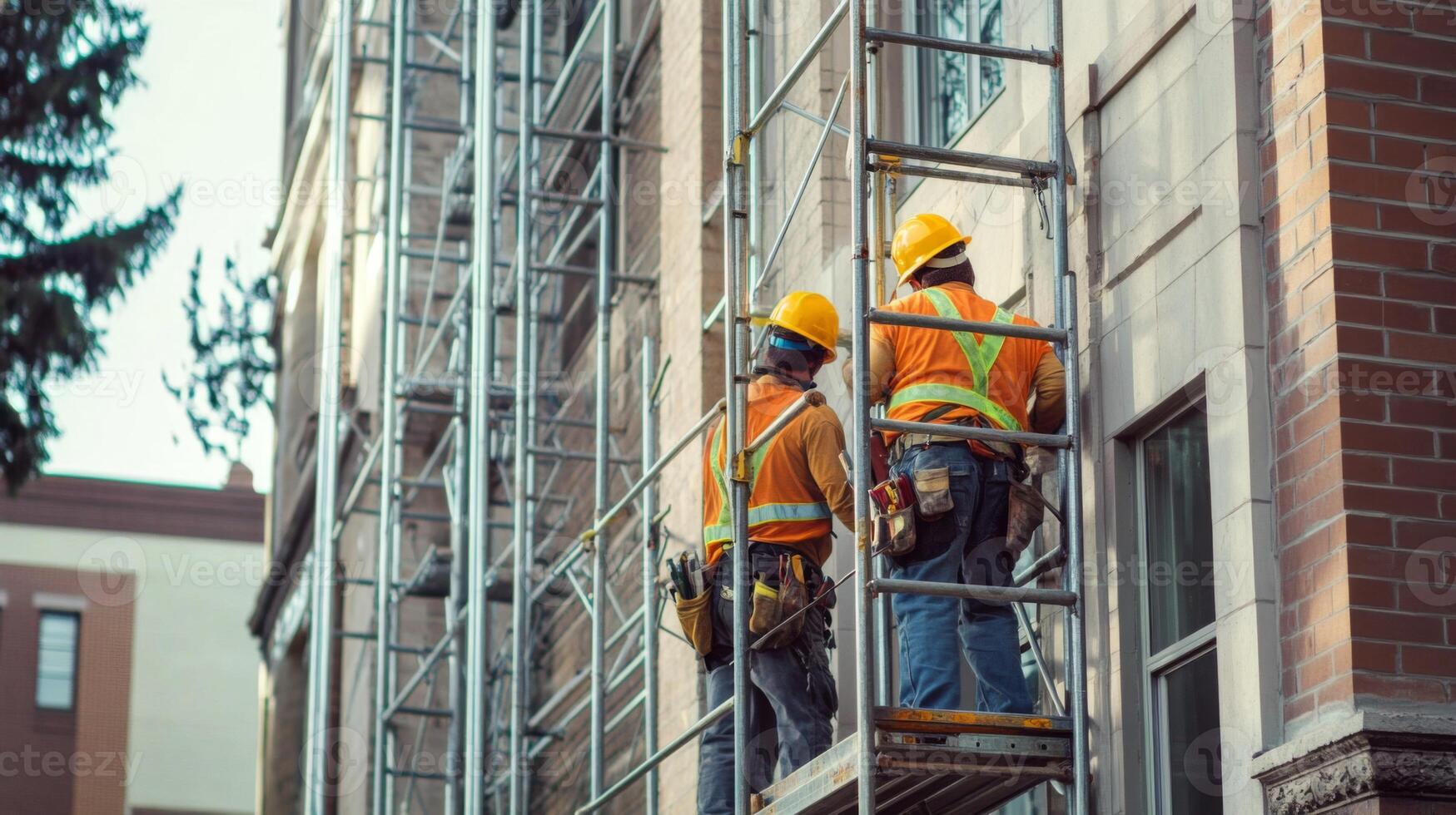 Two Construction Workers on Scaffolding Outside a Building photo