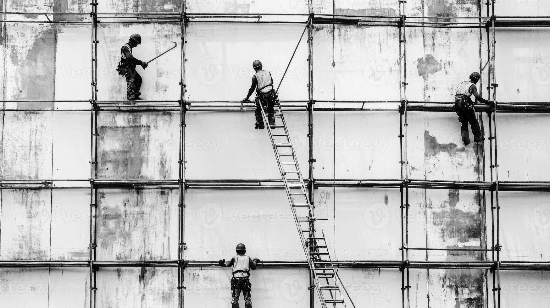 Four Construction Workers On Scaffolding And Ladders In Front Of A White Wall photo