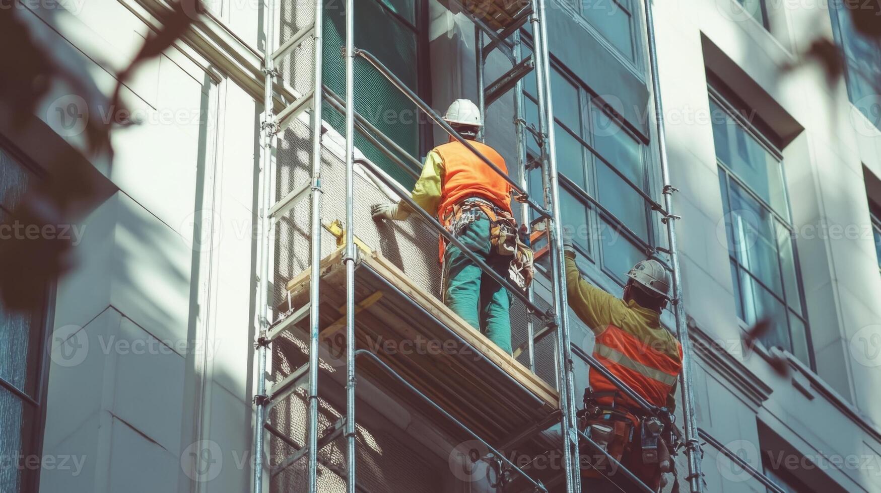 Two Construction Workers on Scaffolding Repairing a Building Facade photo