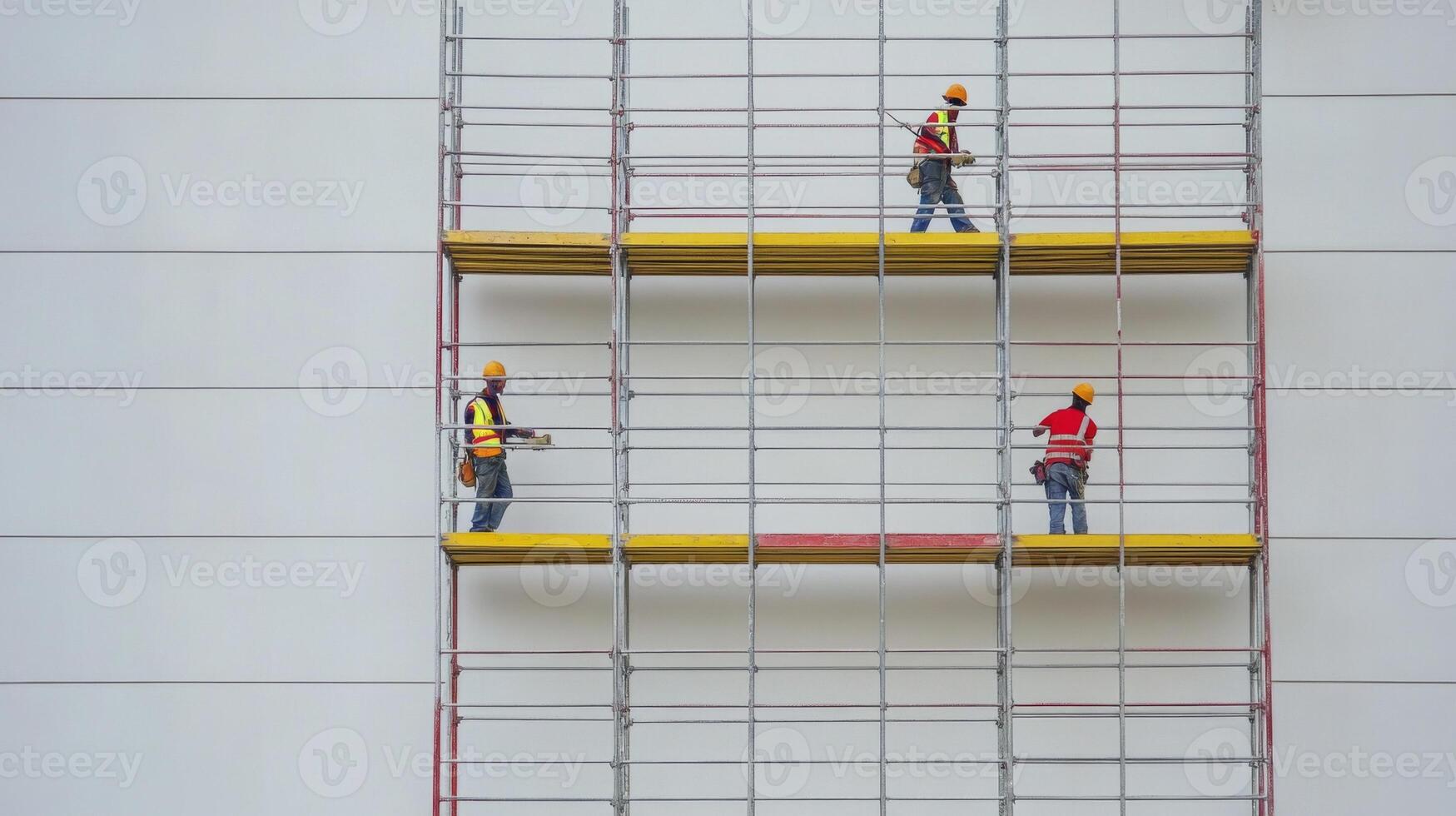Three Construction Workers on Scaffolding During Building Restoration photo
