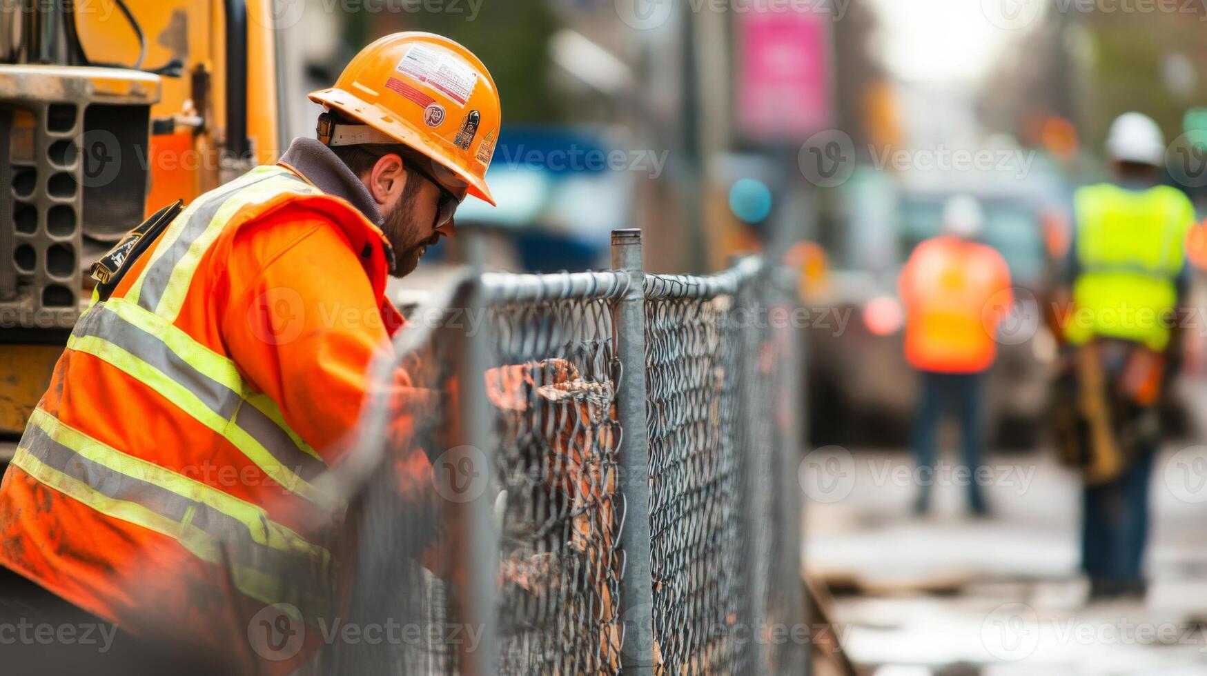 Construction Worker in Safety Gear Looking at a Chain Link Fence photo