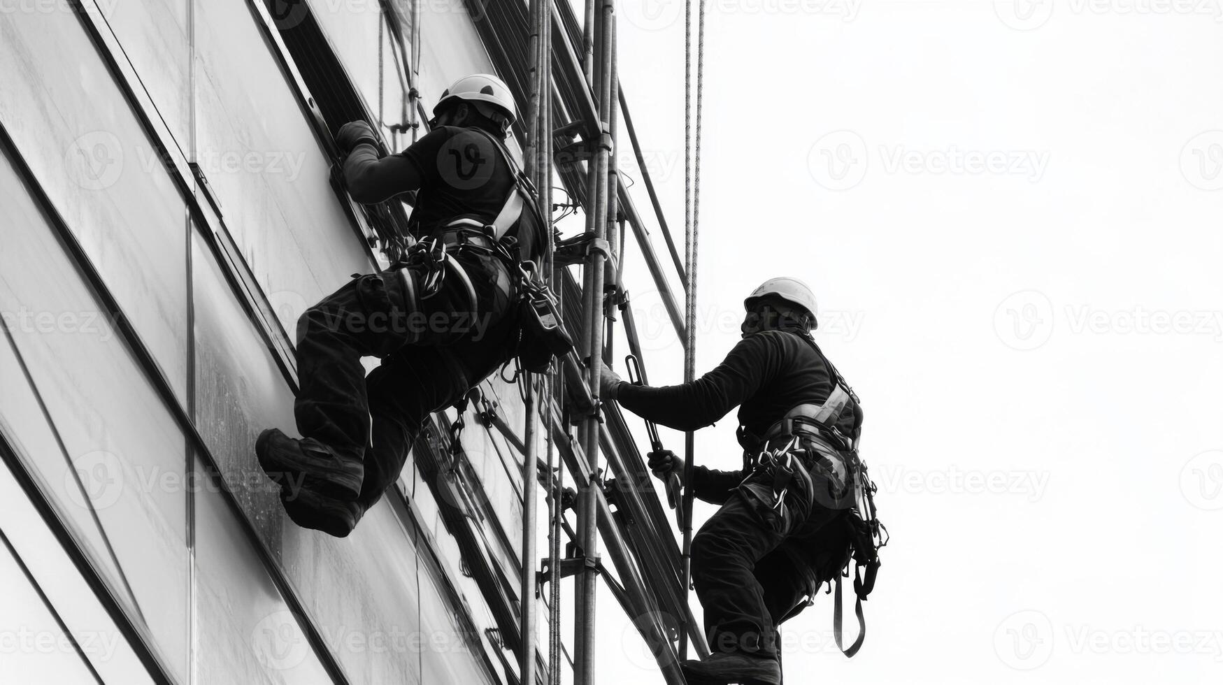 Two Workers in Safety Gear Ascending a Building Scaffolding photo