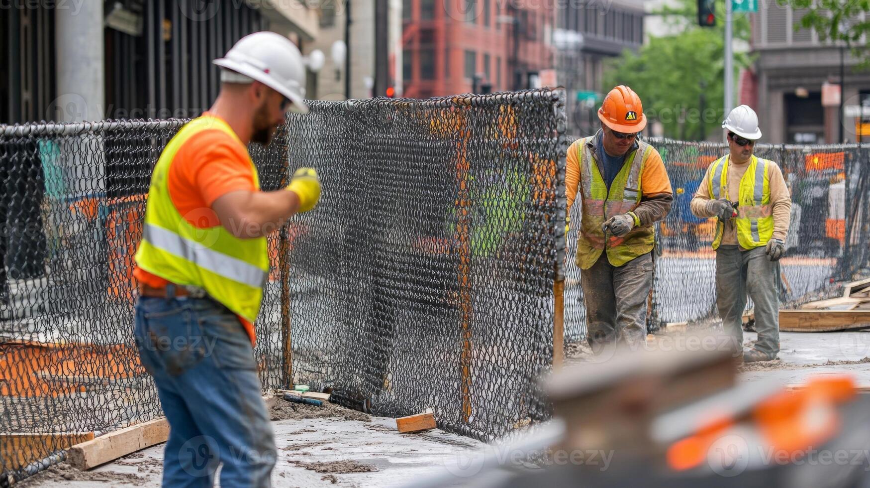 Construction Workers in Hard Hats Walking Beside a Chain Link Fence photo