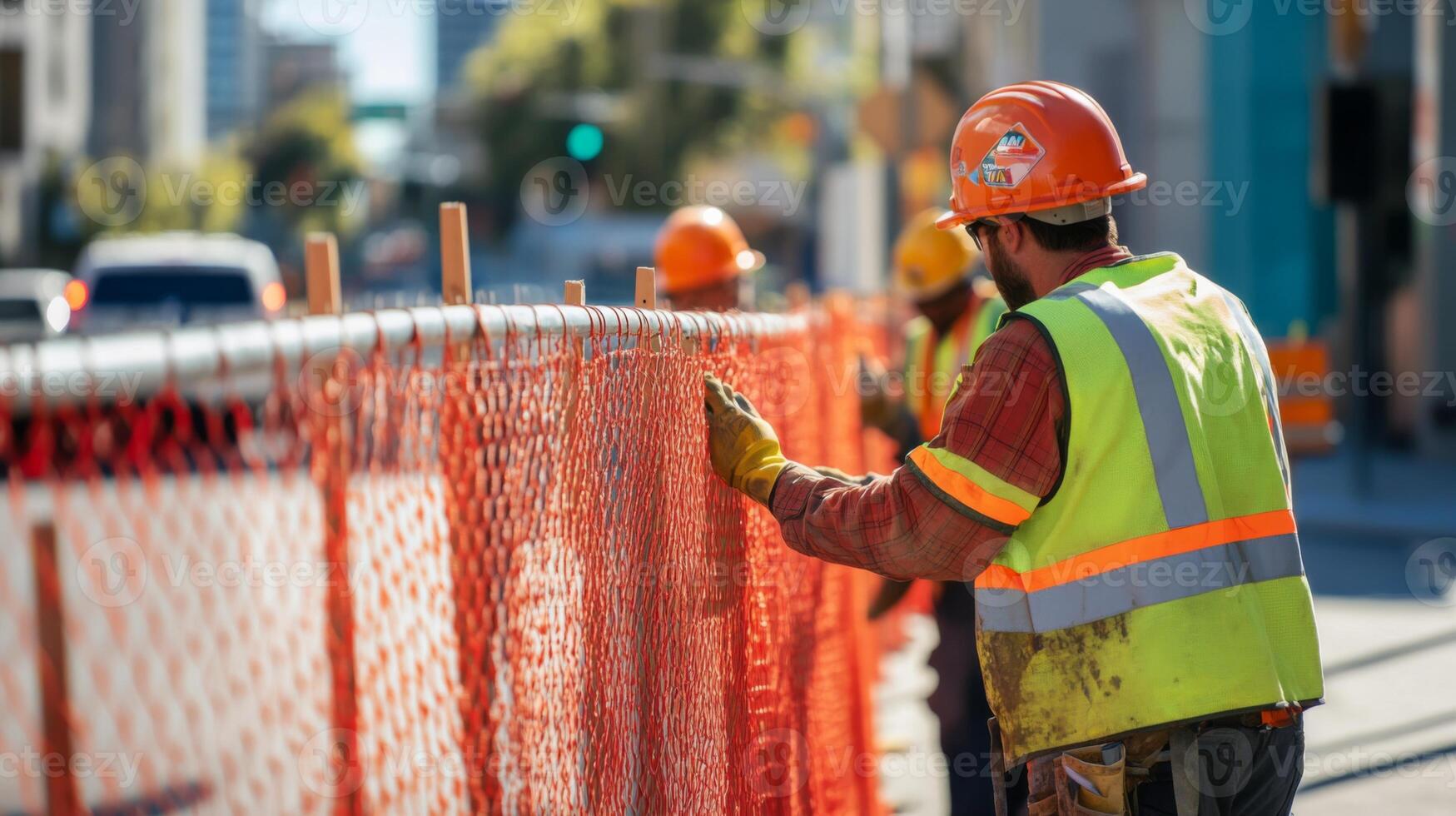 Construction Worker in Safety Vest and Hard Hat by Orange Safety Netting photo