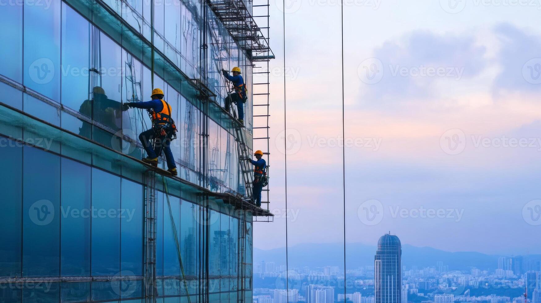Workers Cleaning Windows on a Tall Building Against a Cloudy Sky photo