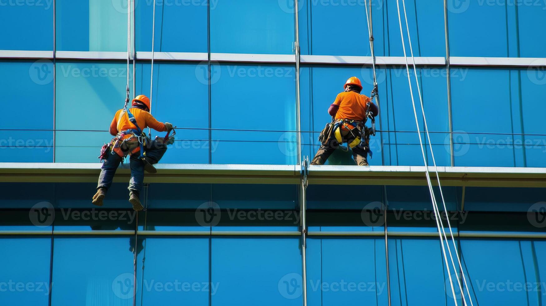 Two Window Cleaners Suspended from Ropes on a Tall Building photo
