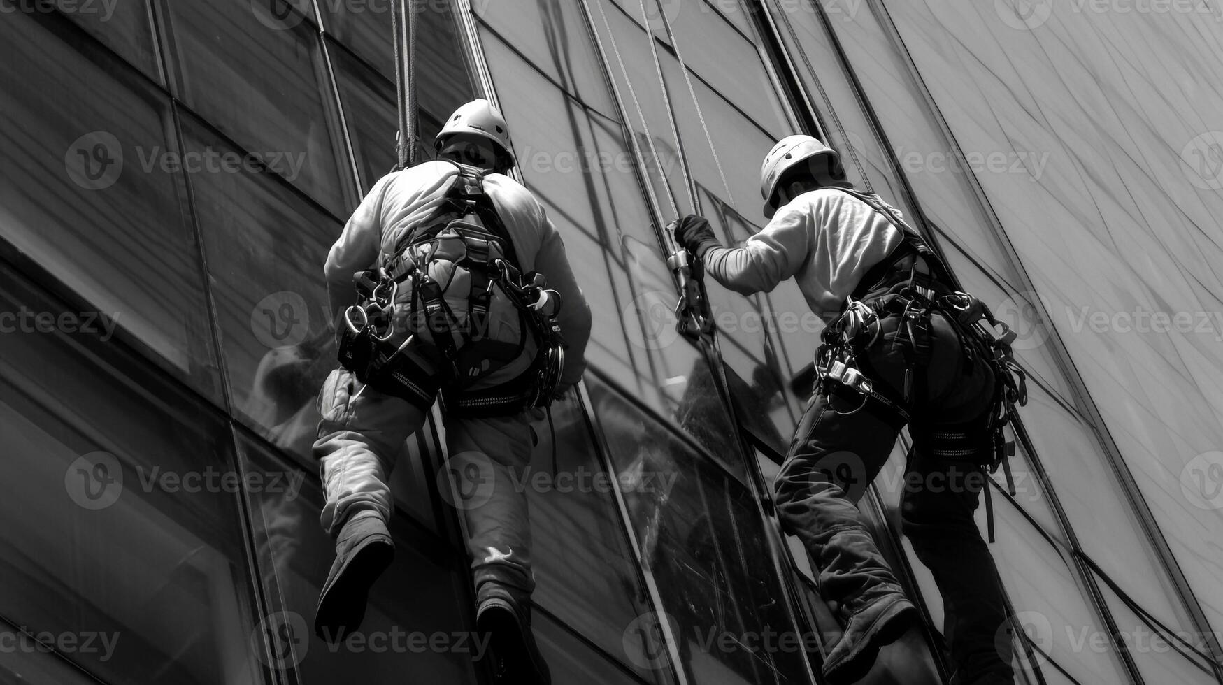 Two window washers hanging from a skyscraper photo