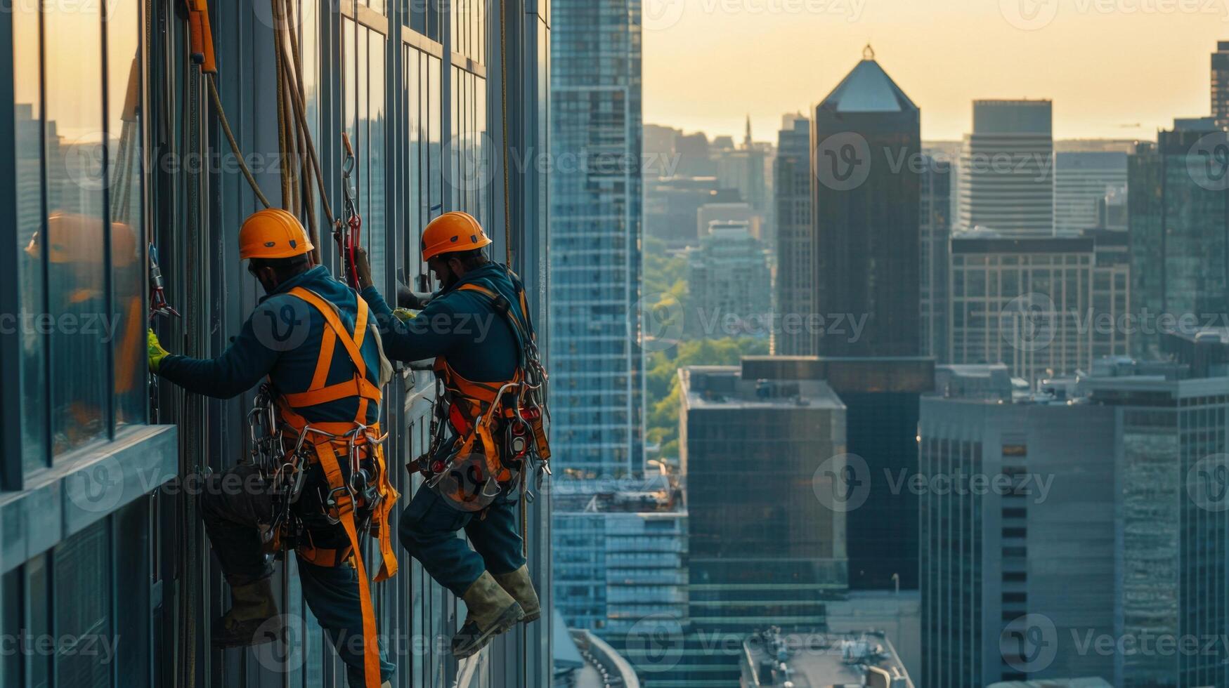 Two Workers Hanging from Ropes Cleaning Windows on a Tall Building photo
